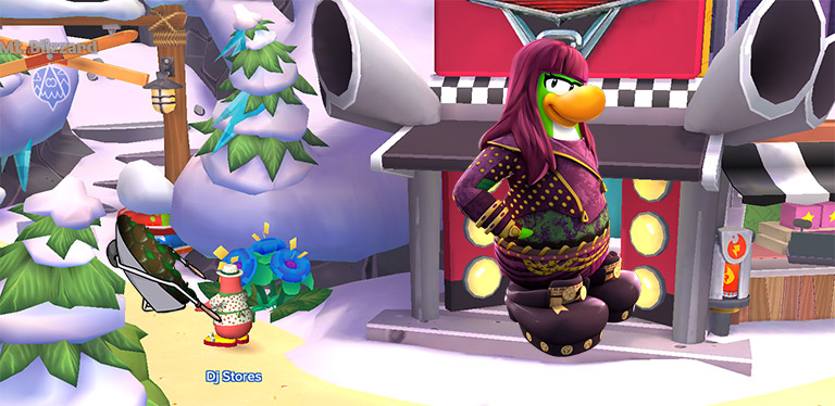 Mal from Descendants at the Disney Shop as a wheelbarrow of rotten apples is wheeled away