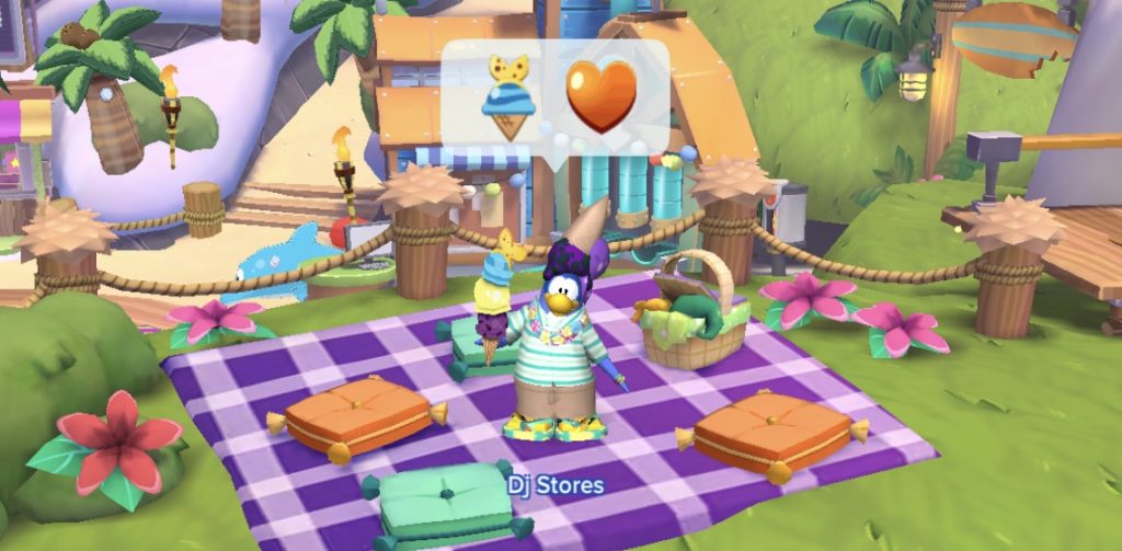 Penguin holding fro-yo cone by Picnic Blanket wearing a hat similar to the cone